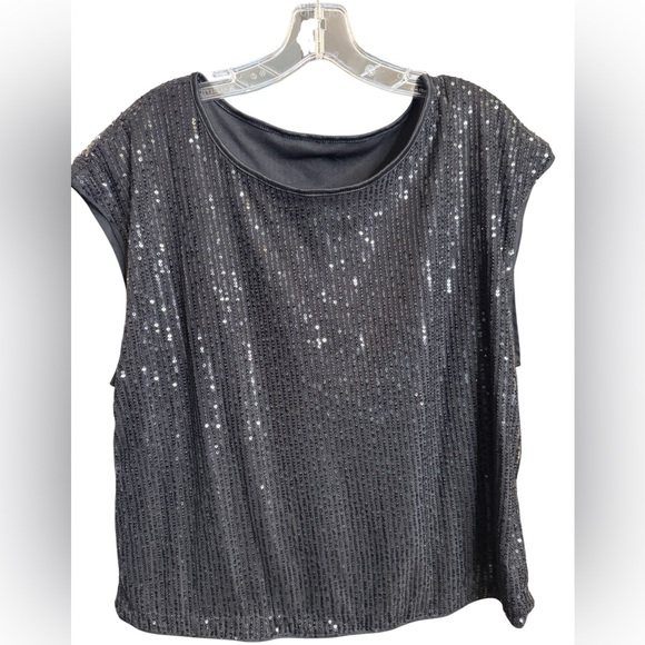Tops - Black Sequin Cap-Sleeve Women's Top